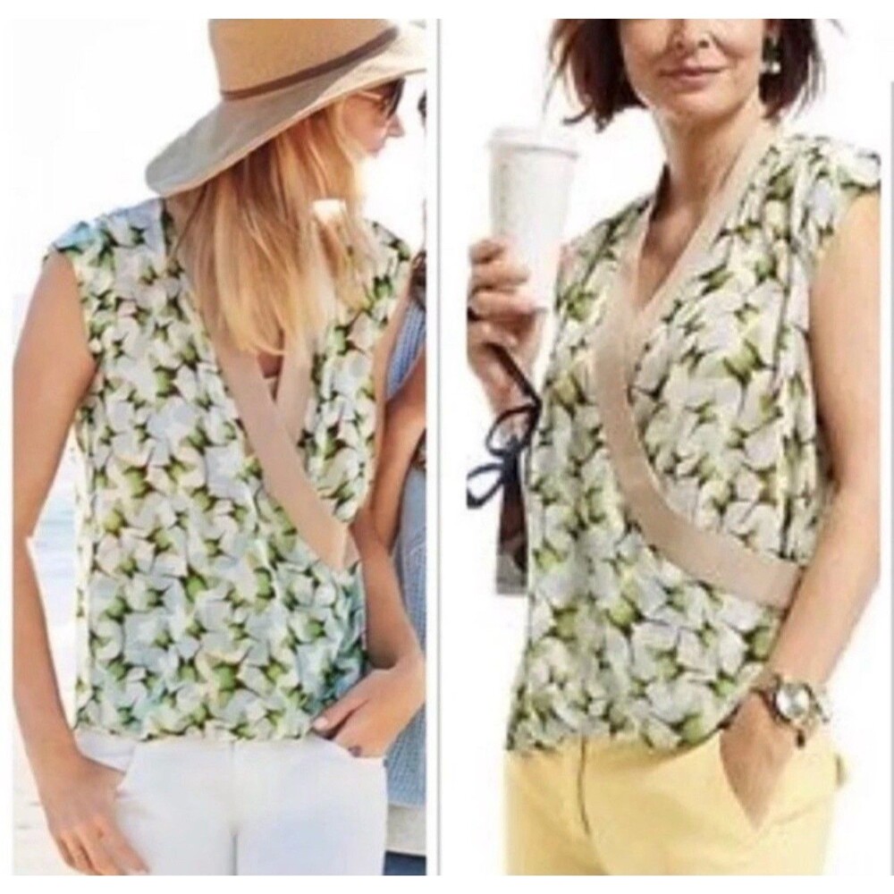 Cabi Womens M‎ Sleeveless Faux Wrap Blouse Top Green Butterfly Hummingbird Sheer